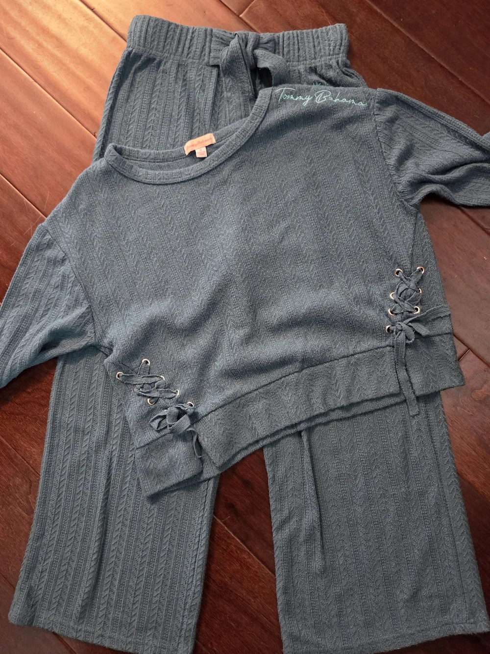 Tommy Bahama Teal Cable Knit Top & Wide-Leg Pants Lounge Set Girls 8 EUC